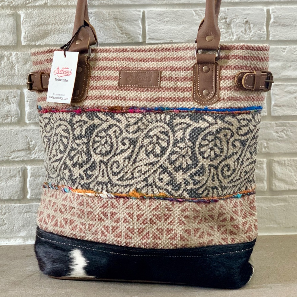 Sixtease “Melody” Up-Cycled Canvas Hide Tote Bag